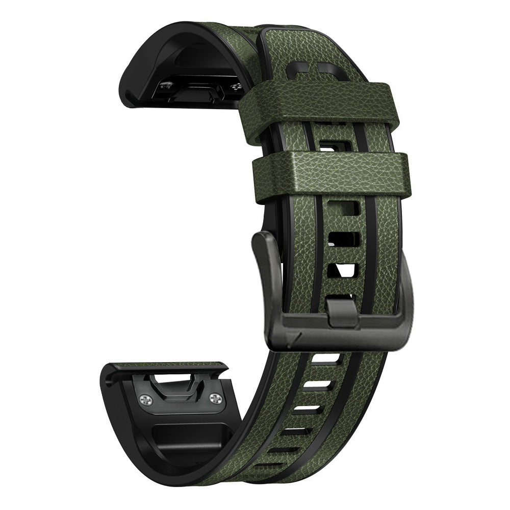 For Garmin Tactix 7 Pro / Fenix 7X / Fenix 6X Pro Quick Release Leather Coated Silicone Smart Watch Band Wrist Strap 26mm - Army Green