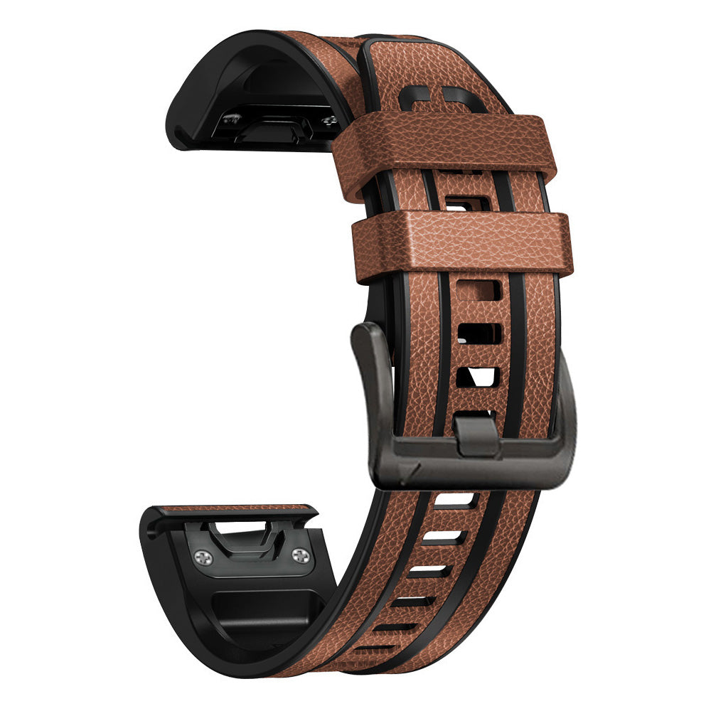 For Garmin Tactix 7 Pro / Fenix 7X / Fenix 6X Pro Quick Release Leather Coated Silicone Smart Watch Band Wrist Strap 26mm - Brown