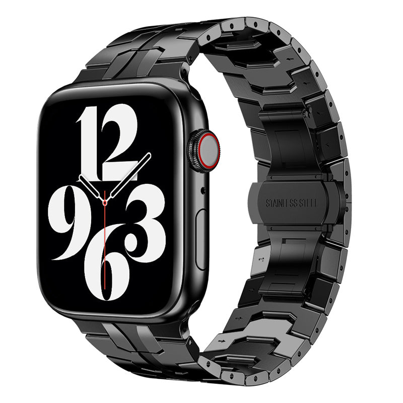 for Apple Watch Ultra 49mm / Series 8 45mm / 7 45mm / Series / 4 / 5 / 6 / SE 44mm / SE (2022) 44mm / Series 3 / 2 / 1 42mm Stainless Steel Smart Watch Strap Anti-scratch Wrist Band with Buckle Design - Black