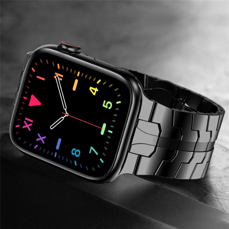 for Apple Watch Ultra 49mm / Series 8 45mm / 7 45mm / Series / 4 / 5 / 6 / SE 44mm / SE (2022) 44mm / Series 3 / 2 / 1 42mm Stainless Steel Smart Watch Strap Anti-scratch Wrist Band with Buckle Design - Black
