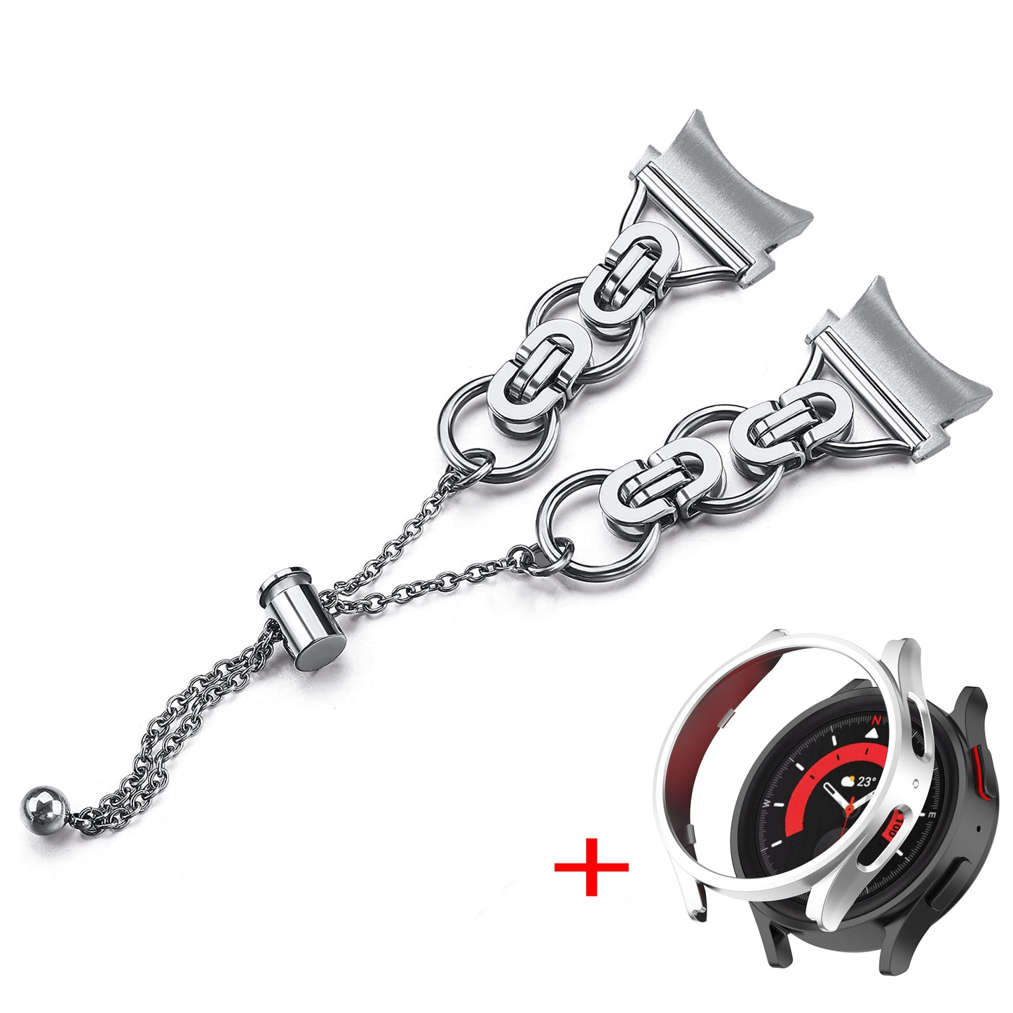 For Samsung Galaxy Watch 5 40mm Metal Watch Band Bead Decor Bracelet with PC Protective Case - Silver