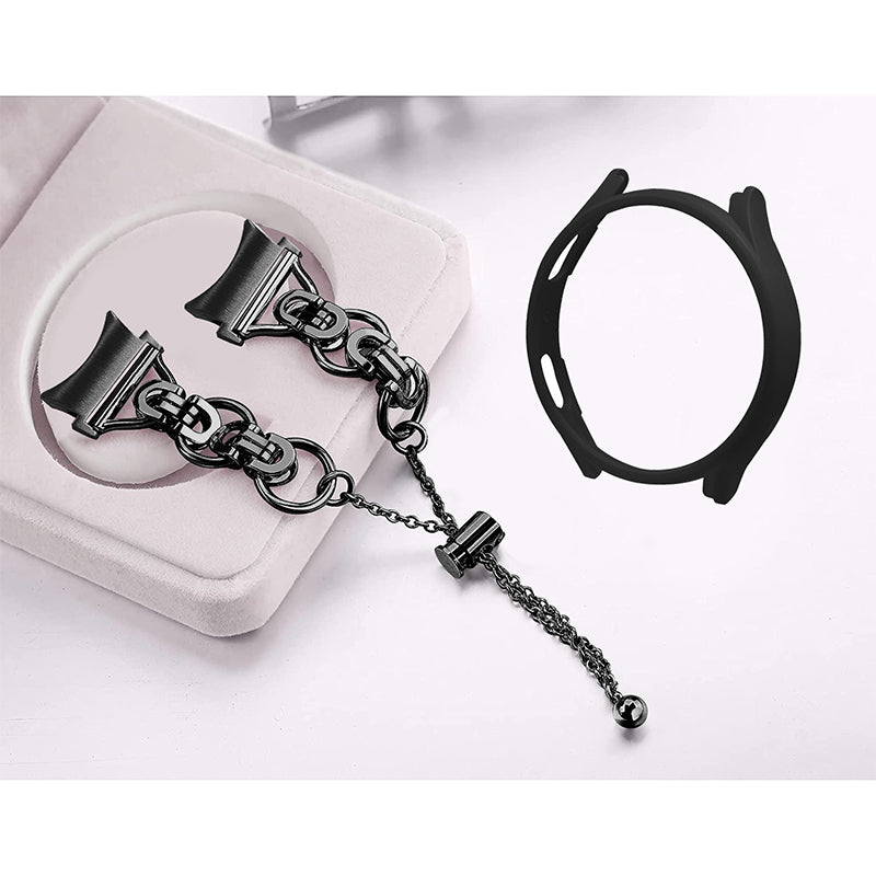 For Samsung Galaxy Watch 5 44mm Stainless Steel Band Bead Decor Bangle Bracelet with PC Protective Frame Cover - Black + Black Watch Frame