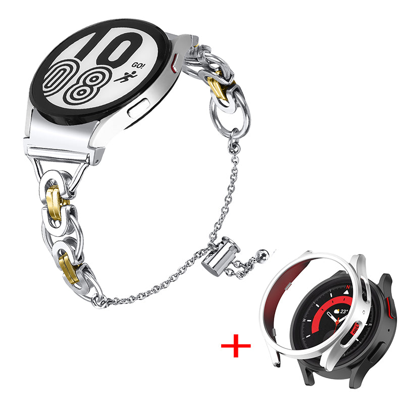 For Samsung Galaxy Watch 5 Pro 45mm Bead Decor Bracelet Stainless Steel Wristband Strap with PC Protective Cover - Silver / Gold + Silver Watch Frame