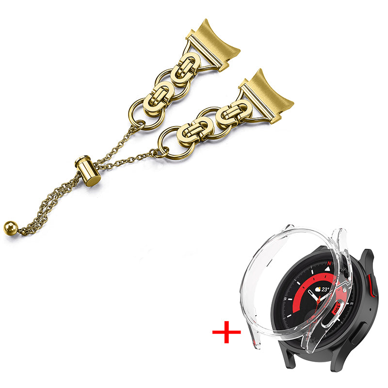 For Samsung Galaxy Watch 5 Pro 45mm Bead Decor Bracelet Stainless Steel Wristband Strap with PC Protective Cover - Gold + Transparent Watch Frame