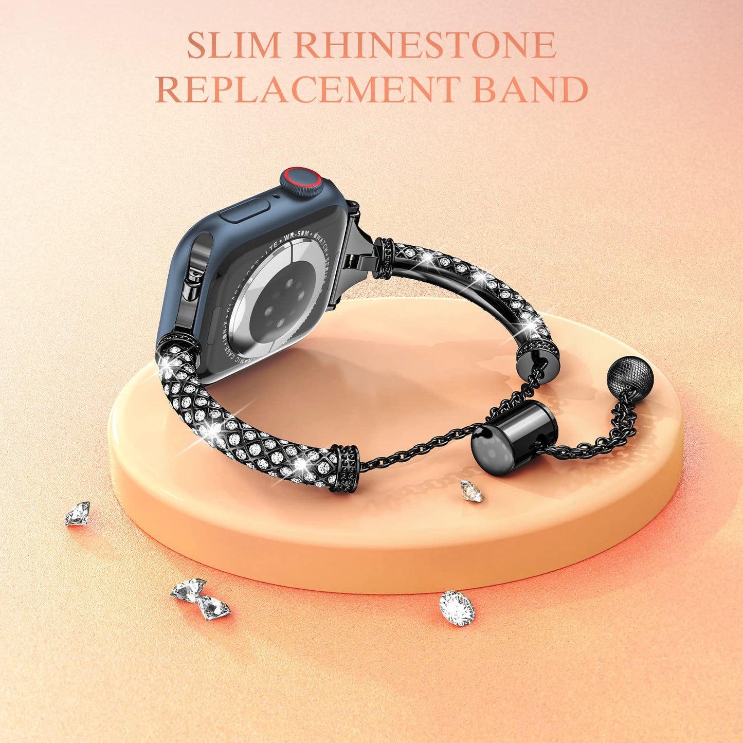 for Apple Watch SE / SE (2022) 40mm / Series 7 / 8 41mm / 4 / 5 / 6 40mm / 1 / 2 / 3 38mm Metal Stretch Jewelry Watch Strap Rhinestone Decorated Wristband for Women Girls - Black