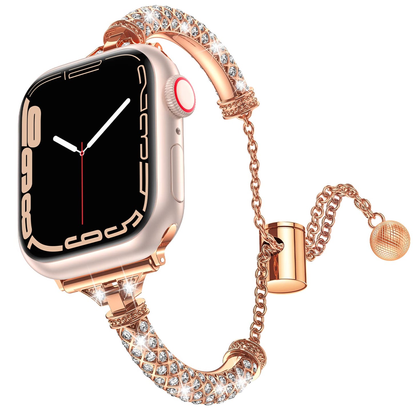 for Apple Watch Ultra 49mm / SE / SE (2022) 44mm / Series 7 / 8 45mm / 4 / 5 / 6 44mm / 1 / 2 / 3 42mm Metal Watch Strap for Women Girls Rhinestone Decorated Stretch Jewelry Wrist Band - Rose Gold