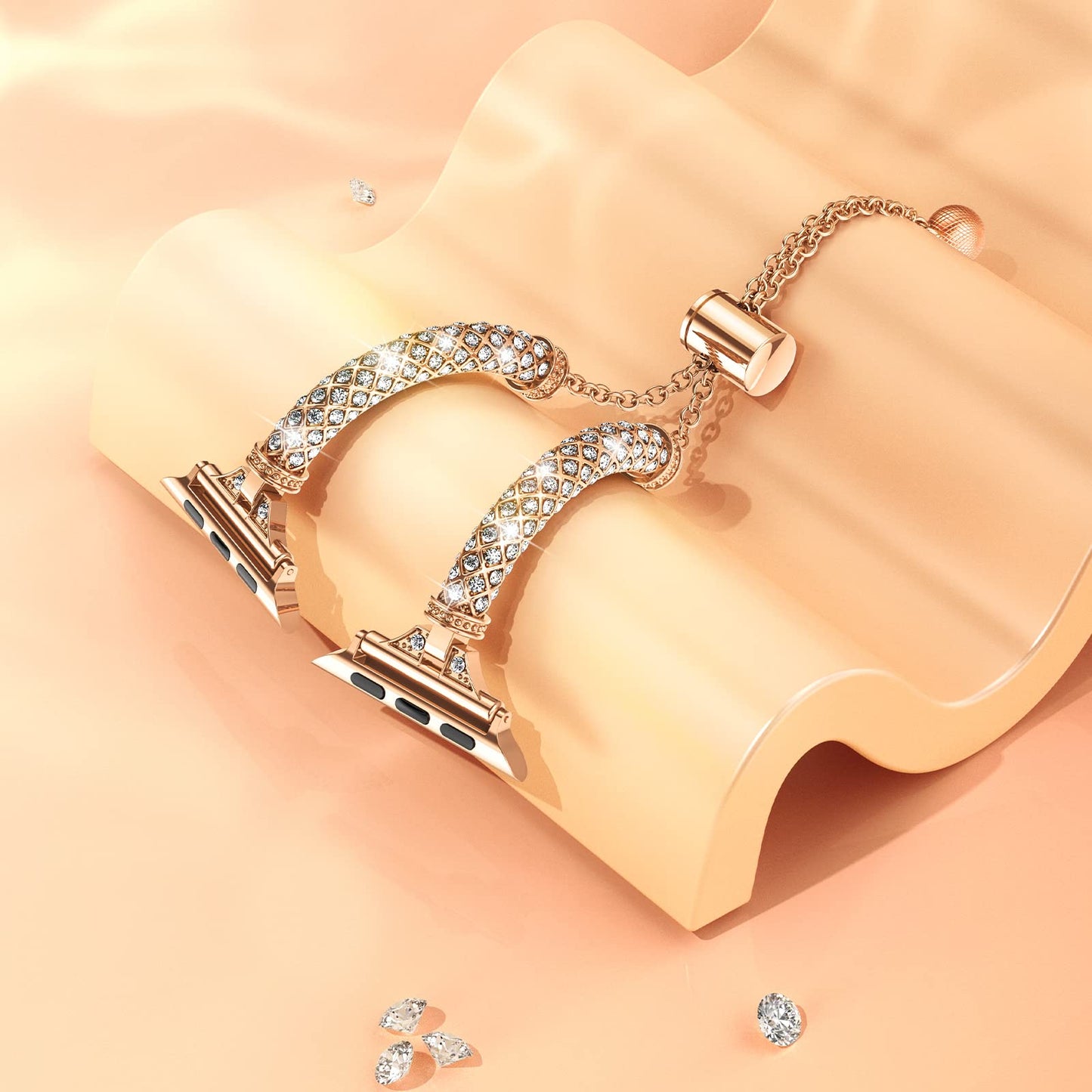 for Apple Watch Ultra 49mm / SE / SE (2022) 44mm / Series 7 / 8 45mm / 4 / 5 / 6 44mm / 1 / 2 / 3 42mm Metal Watch Strap for Women Girls Rhinestone Decorated Stretch Jewelry Wrist Band - Rose Gold