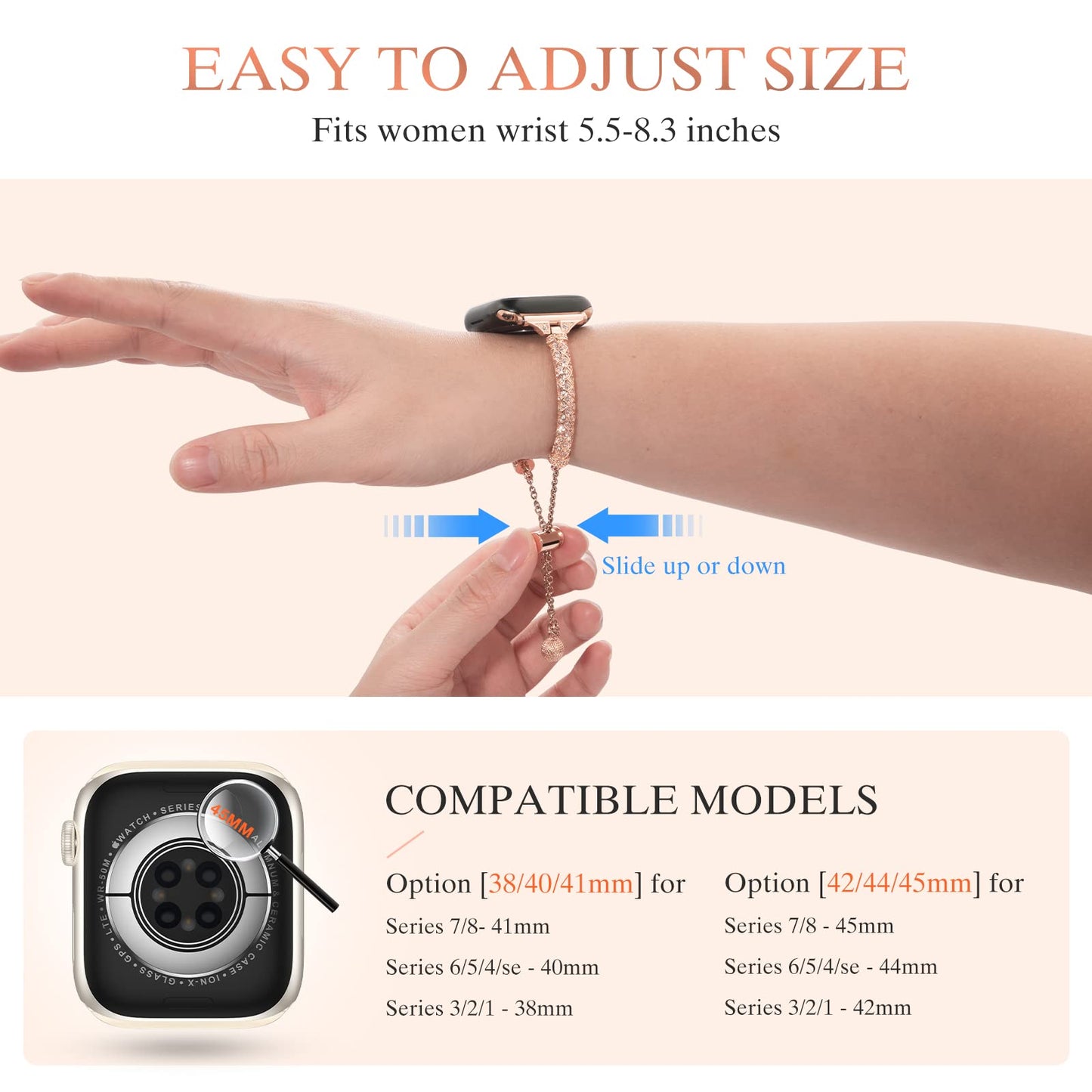 for Apple Watch Ultra 49mm / SE / SE (2022) 44mm / Series 7 / 8 45mm / 4 / 5 / 6 44mm / 1 / 2 / 3 42mm Metal Watch Strap for Women Girls Rhinestone Decorated Stretch Jewelry Wrist Band - Rose Gold