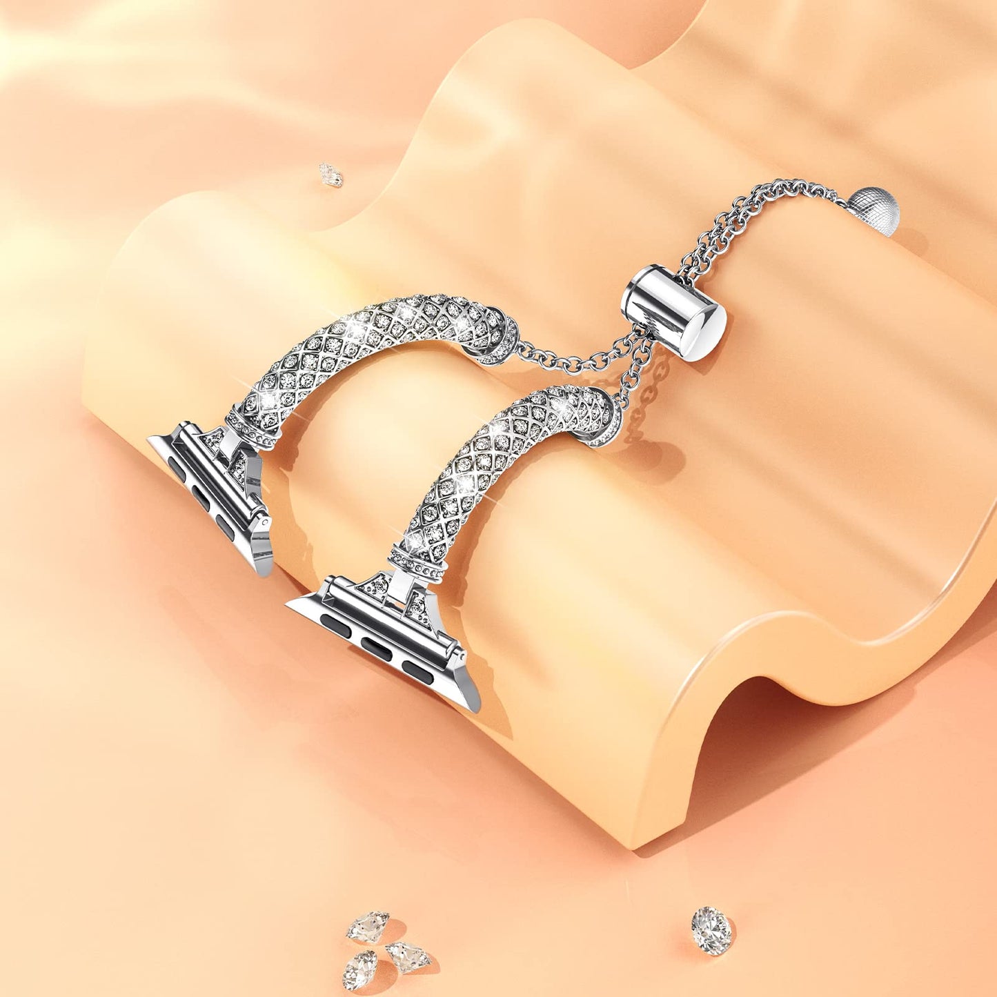 for Apple Watch Ultra 49mm / SE / SE (2022) 44mm / Series 7 / 8 45mm / 4 / 5 / 6 44mm / 1 / 2 / 3 42mm Metal Watch Strap for Women Girls Rhinestone Decorated Stretch Jewelry Wrist Band - Silver