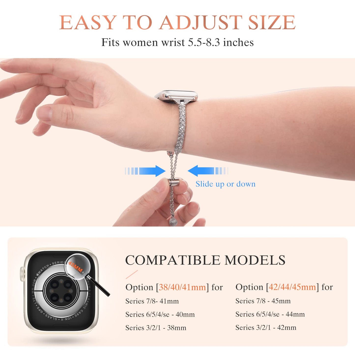 for Apple Watch Ultra 49mm / SE / SE (2022) 44mm / Series 7 / 8 45mm / 4 / 5 / 6 44mm / 1 / 2 / 3 42mm Metal Watch Strap for Women Girls Rhinestone Decorated Stretch Jewelry Wrist Band - Silver