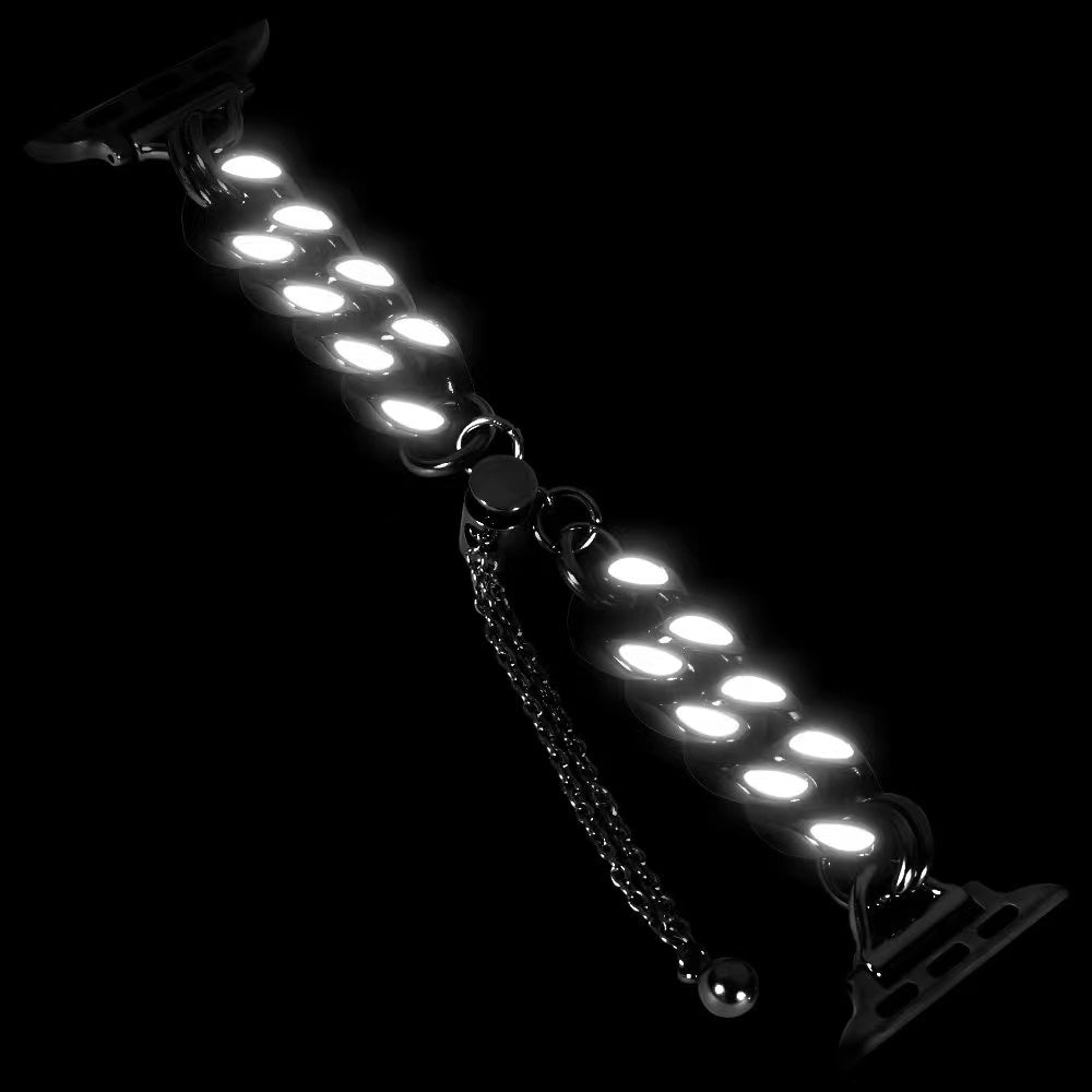 for Apple Watch Ultra 49mm / Series 8 / 7 45mm / Series 6 / 5 / 4 / SE / SE (2022) 44mm / Series 3 / 2 / 1 42mm Chain Style Metal Watch Band Luminous Strap Replacement - Black