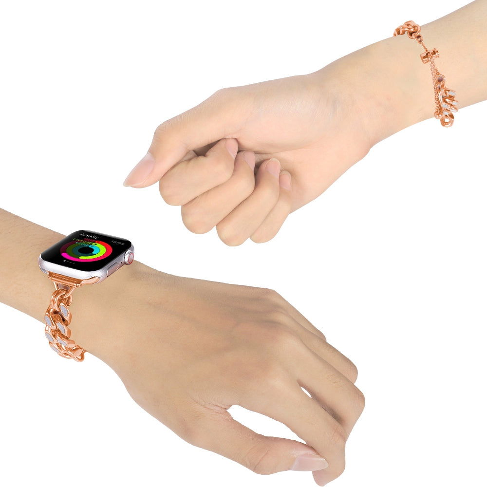 for Apple Watch Ultra 49mm / Series 8 / 7 45mm / Series 6 / 5 / 4 / SE / SE (2022) 44mm / Series 3 / 2 / 1 42mm Chain Style Metal Watch Band Luminous Strap Replacement - Rose Gold