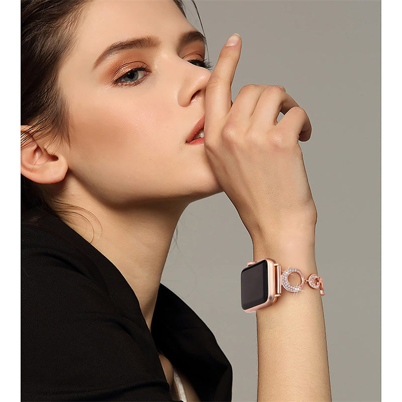 for Apple Watch Series 8 / 7 41mm / Series 6 / 5 / 4 / SE / SE(2022) 40mm / Series 3 / 2 / 1 38mm Rhinestone Decor Bling Bracelet Stainless Steel Wristband Strap - Rose Gold