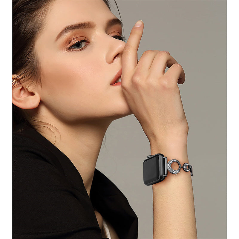 for Apple Watch Ultra 49mm / Series 8 / 7 45mm / Series 6 / 5 / 4 / SE / SE(2022) 44mm / Series 3 / 2 / 1 42mm Metal Bracelet Watch Band Rhinestone Decor Replacement Strap - Black