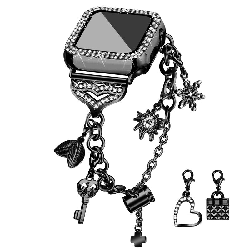 For Apple Watch Series 8 / 7 45mm Pendant Bracelet Watch Band Rhinestone Decor Strap Replacement with Hard PC Hollow-out Watch Case - Black