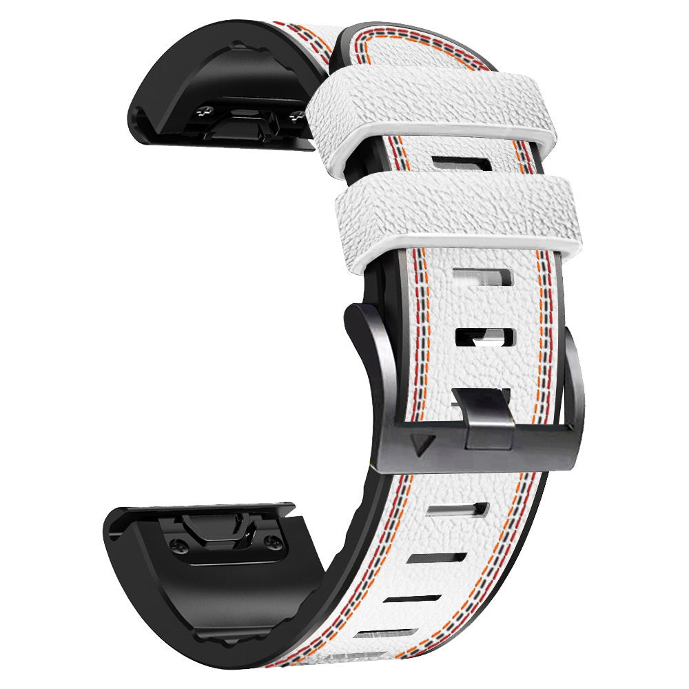 for Garmin Enduro / Tactix Delta / Tactix 7 Pro PU Leather Coated Silicone Watch Band 26mm Three-color Stitching Line Quick Release Sweatproof Strap - White