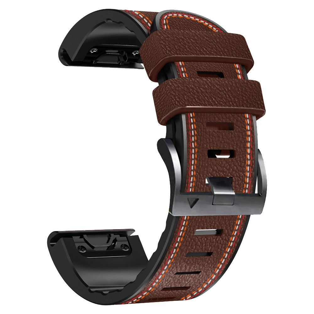 for Garmin Enduro / Tactix Delta / Tactix 7 Pro PU Leather Coated Silicone Watch Band 26mm Three-color Stitching Line Quick Release Sweatproof Strap - Coffee