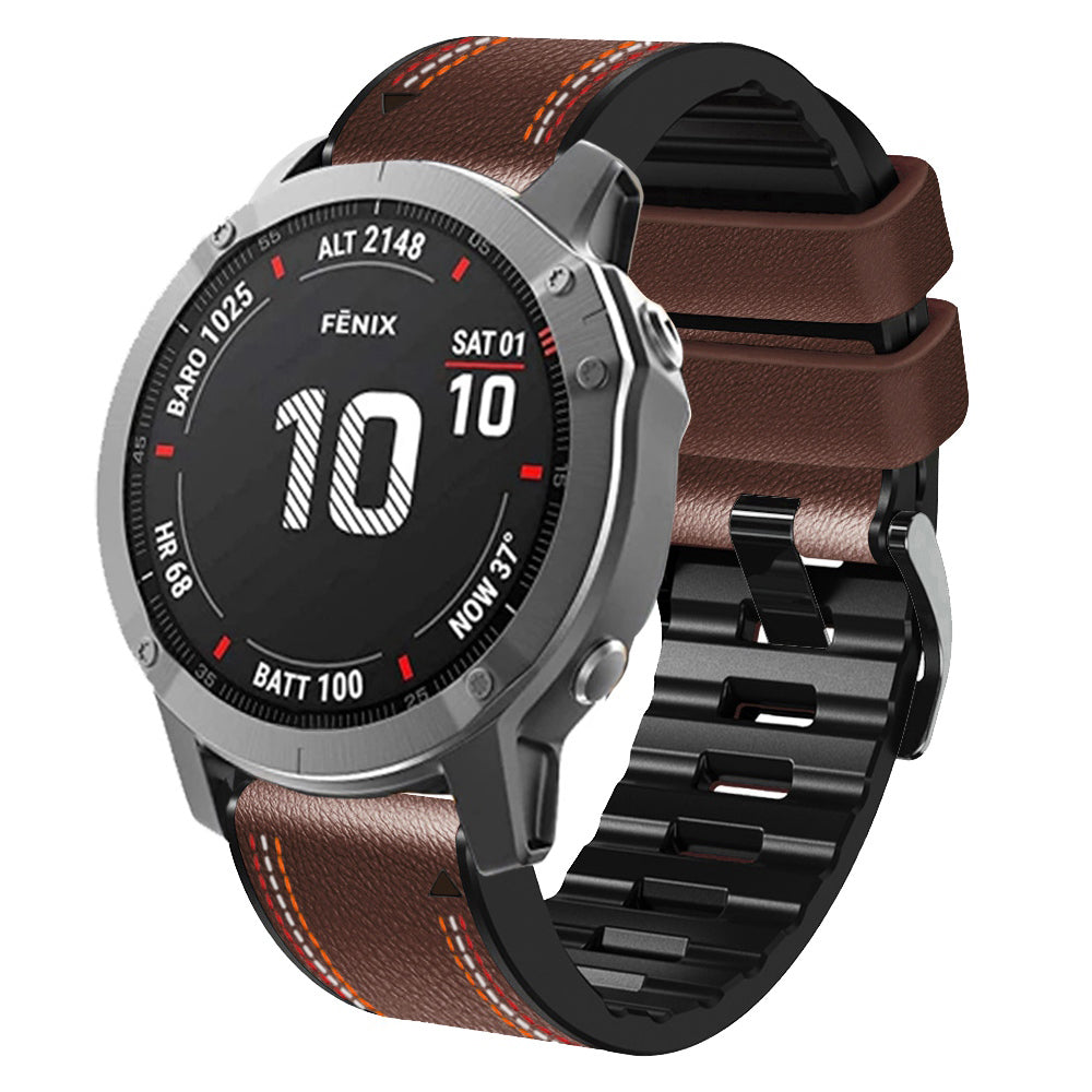 for Garmin Enduro / Tactix Delta / Tactix 7 Pro PU Leather Coated Silicone Watch Band 26mm Three-color Stitching Line Quick Release Sweatproof Strap - Coffee