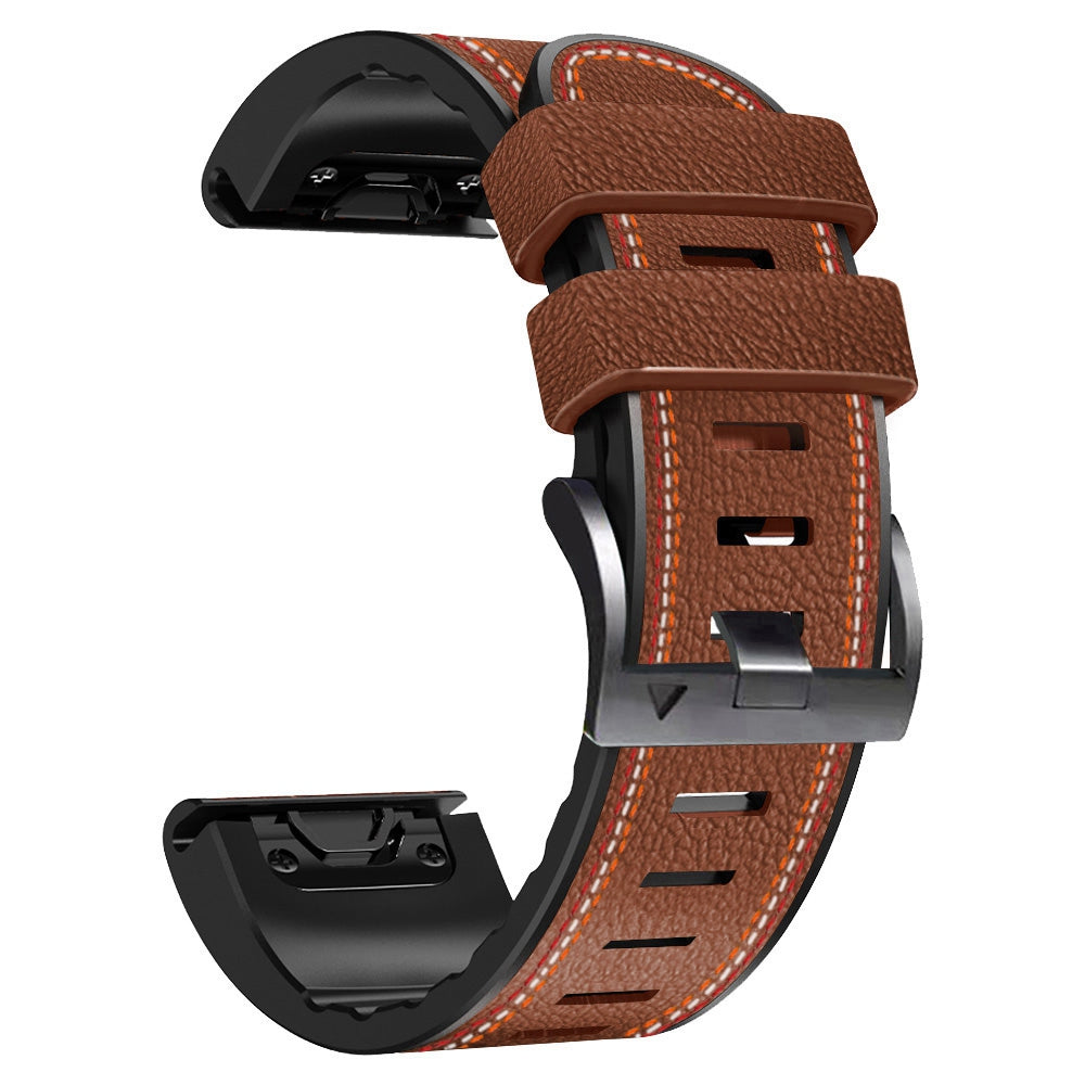 for Garmin Enduro / Tactix Delta / Tactix 7 Pro PU Leather Coated Silicone Watch Band 26mm Three-color Stitching Line Quick Release Sweatproof Strap - Brown