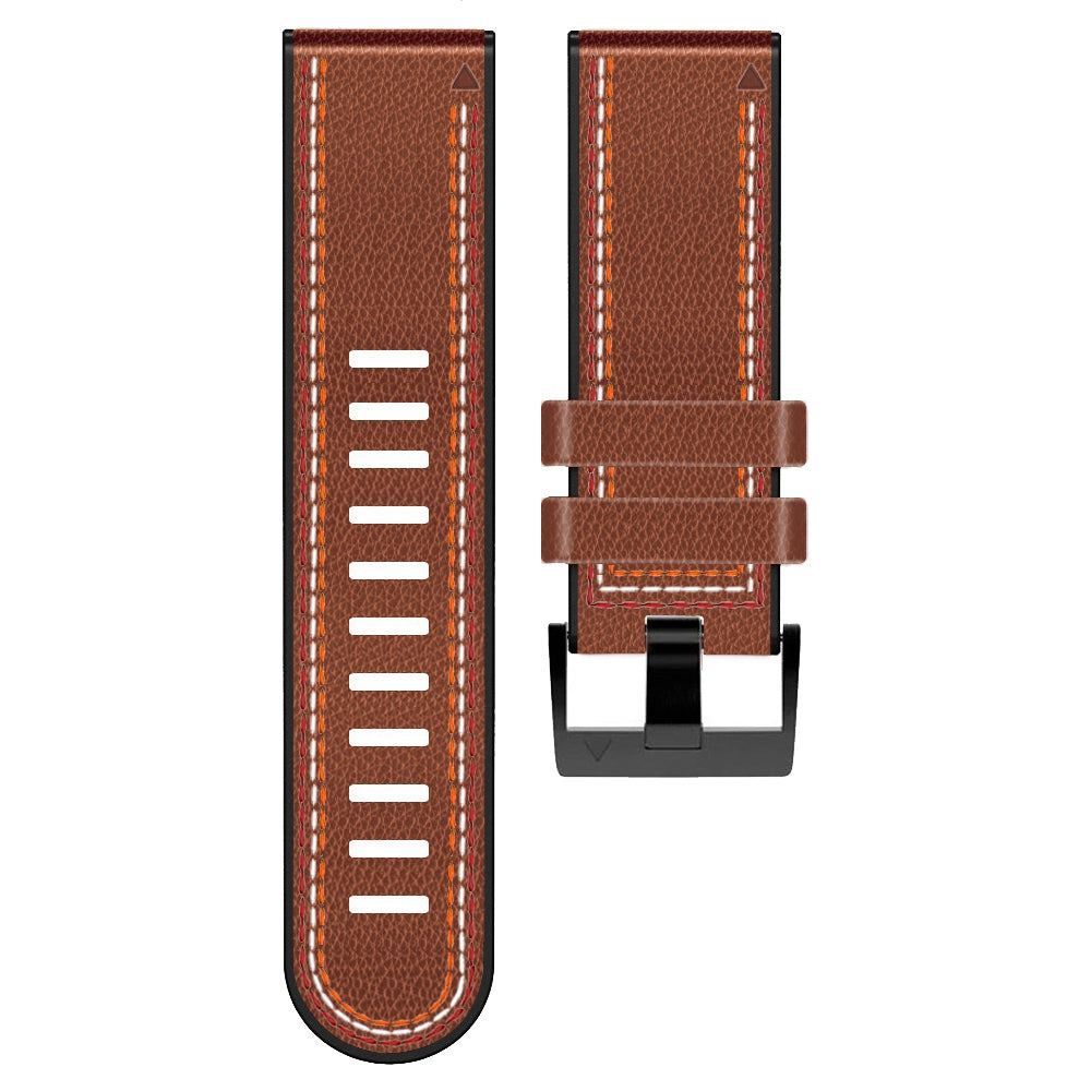for Garmin Enduro / Tactix Delta / Tactix 7 Pro PU Leather Coated Silicone Watch Band 26mm Three-color Stitching Line Quick Release Sweatproof Strap - Brown