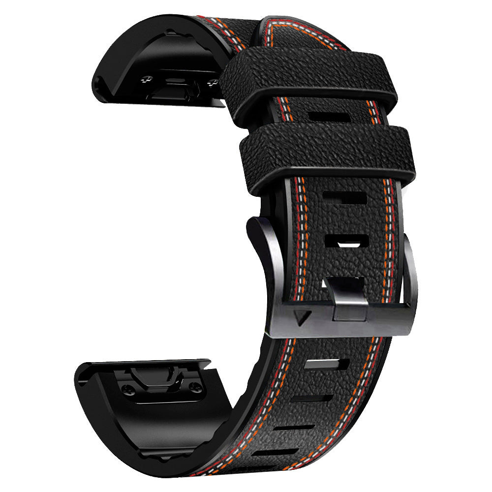 For Garmin Descent G1 / Instinct 2 / Epix Gen2 Quick Release Watch Band PU Leather Coated Silicone Three-color Stitching Line Wristband Strap - Black
