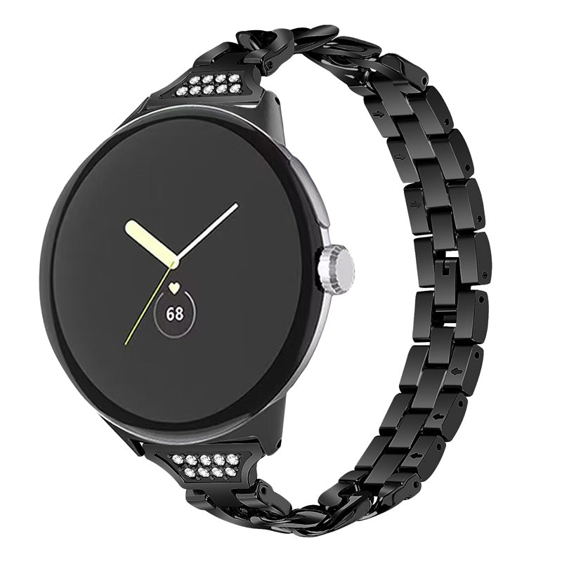 For Google Pixel Watch Rhinestone Decor Metal Watch Band Wristband Replacement Strap - Black