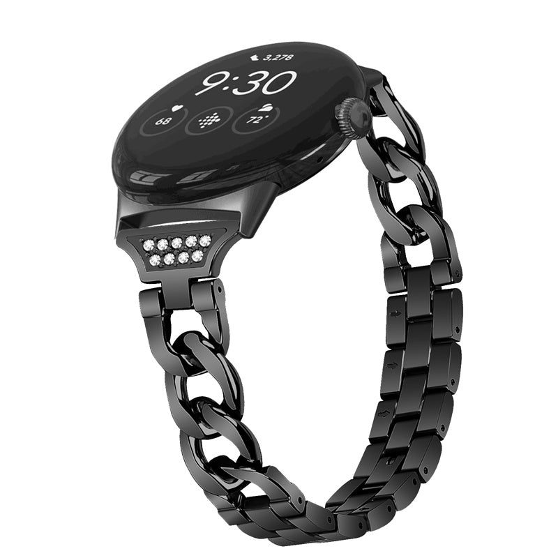 For Google Pixel Watch Rhinestone Decor Metal Watch Band Wristband Replacement Strap - Black