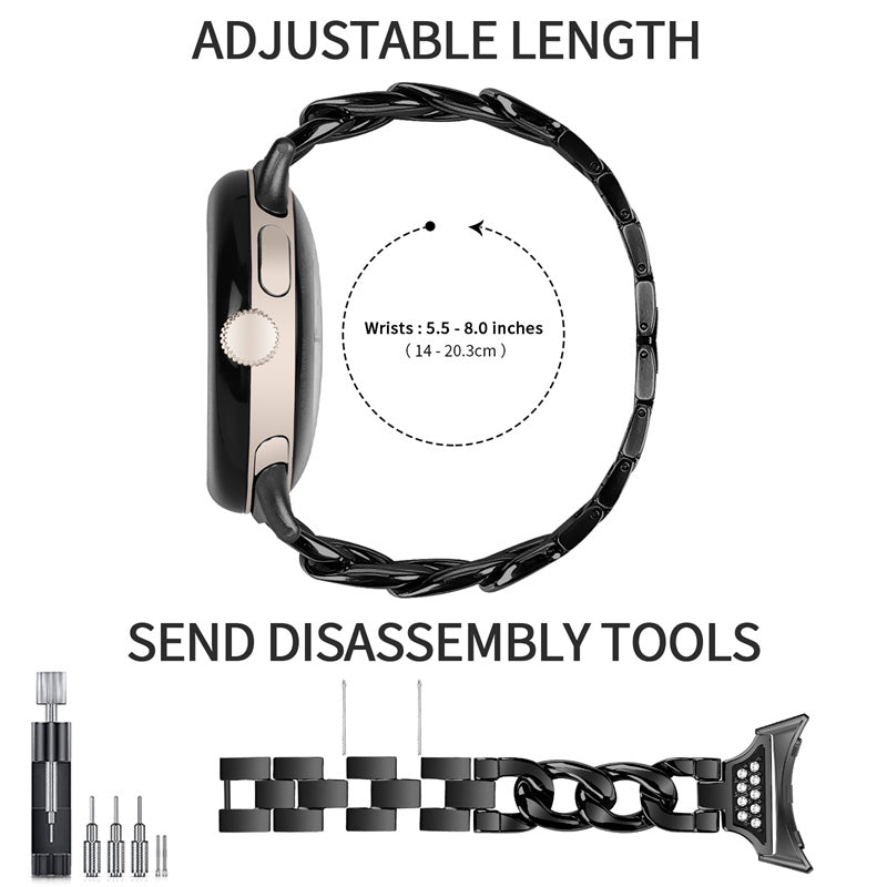 For Google Pixel Watch Rhinestone Decor Metal Watch Band Wristband Replacement Strap - Black