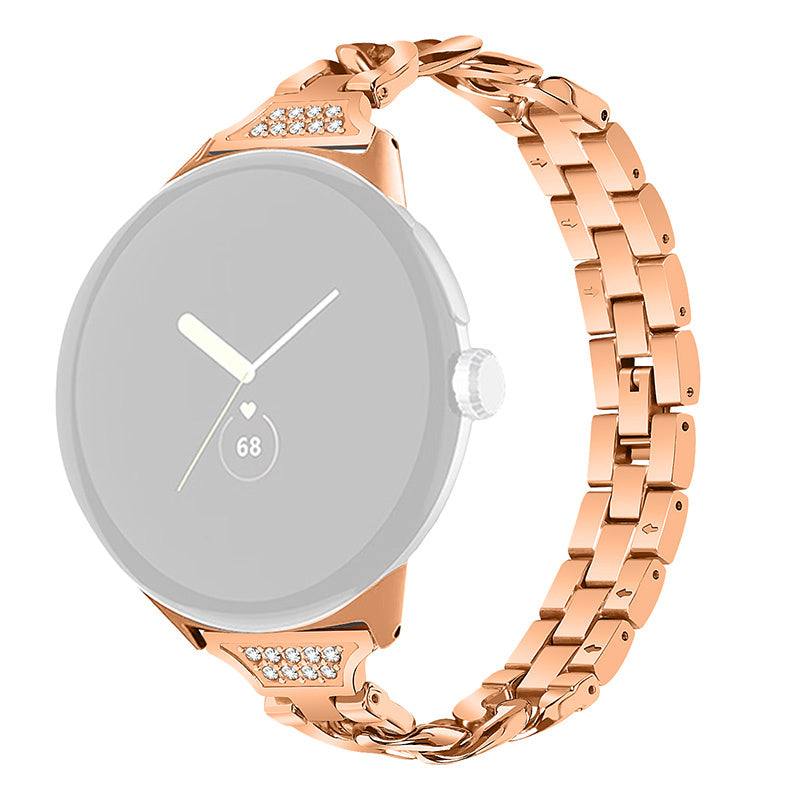 For Google Pixel Watch Rhinestone Decor Metal Watch Band Wristband Replacement Strap - Rose Gold