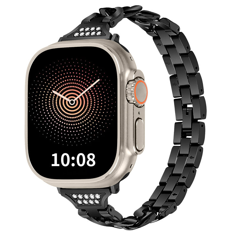 for Apple Watch Ultra 49mm / Series 8 / 7 45mm / 6 / 5 / 4 / SE / SE (2022) 44mm / 3 / 2 / 1 42mm Rhinestone Decor Metal Smart Watch Band Replacement Wrist Strap - Black