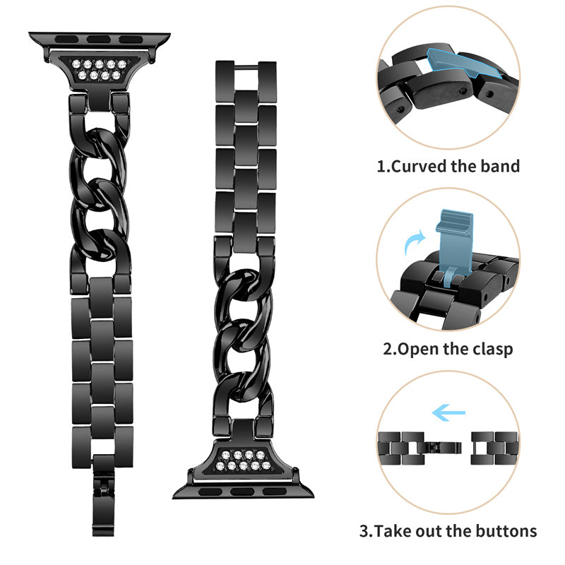 for Apple Watch Ultra 49mm / Series 8 / 7 45mm / 6 / 5 / 4 / SE / SE (2022) 44mm / 3 / 2 / 1 42mm Rhinestone Decor Metal Smart Watch Band Replacement Wrist Strap - Black