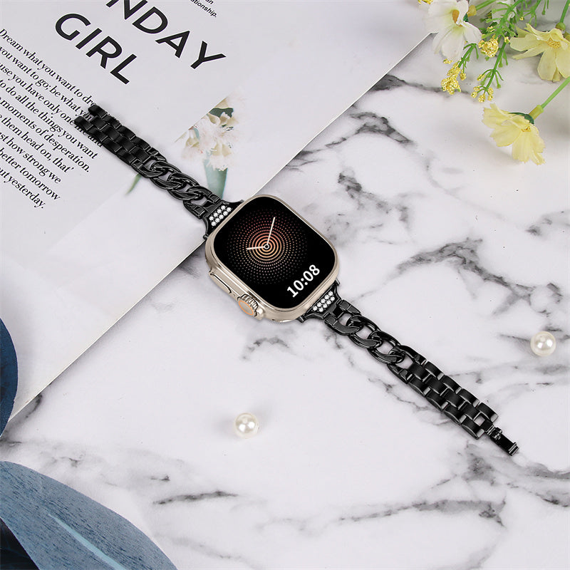 for Apple Watch Ultra 49mm / Series 8 / 7 45mm / 6 / 5 / 4 / SE / SE (2022) 44mm / 3 / 2 / 1 42mm Rhinestone Decor Metal Smart Watch Band Replacement Wrist Strap - Black