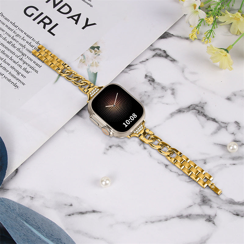 for Apple Watch Ultra 49mm / Series 8 / 7 45mm / 6 / 5 / 4 / SE / SE (2022) 44mm / 3 / 2 / 1 42mm Rhinestone Decor Metal Smart Watch Band Replacement Wrist Strap - Gold