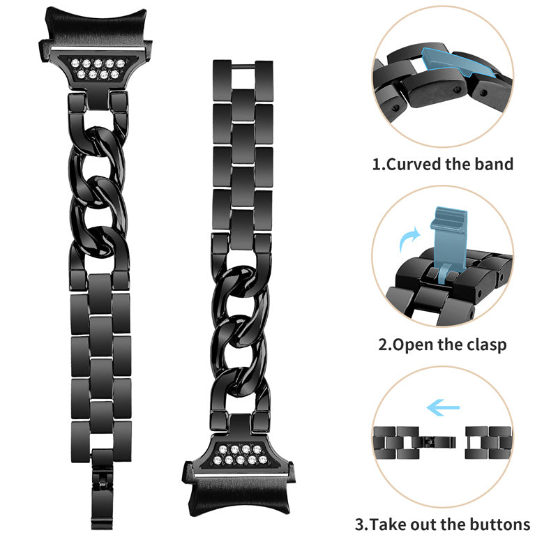 For Samsung Galaxy Watch 5 / 4 Active 44mm / 40mm / Watch 5 Pro 45mm Metal Watch Strap Rhinestone Decor Wrist Band with Adapter Connector - Black