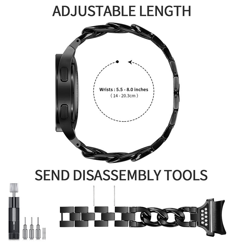 For Samsung Galaxy Watch 5 / 4 Active 44mm / 40mm / Watch 5 Pro 45mm Metal Watch Strap Rhinestone Decor Wrist Band with Adapter Connector - Black