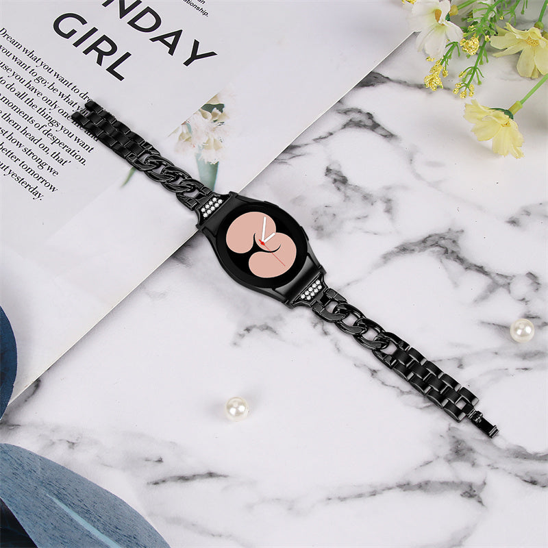 For Samsung Galaxy Watch 5 / 4 Active 44mm / 40mm / Watch 5 Pro 45mm Metal Watch Strap Rhinestone Decor Wrist Band with Adapter Connector - Black
