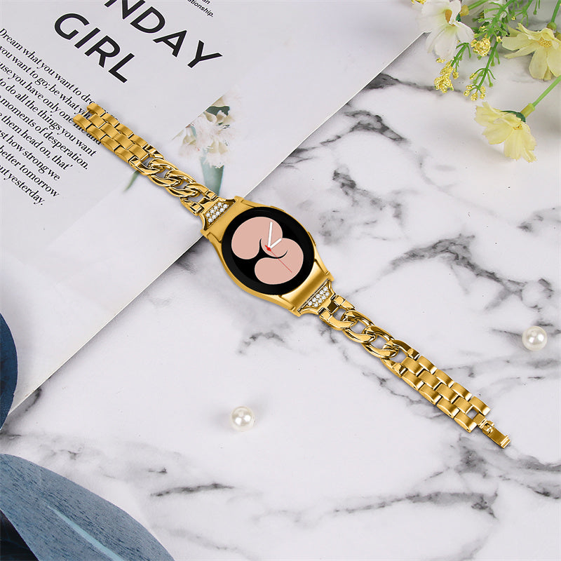 For Samsung Galaxy Watch 5 / 4 Active 44mm / 40mm / Watch 5 Pro 45mm Metal Watch Strap Rhinestone Decor Wrist Band with Adapter Connector - Gold