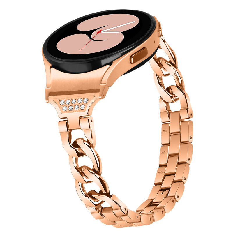 For Samsung Galaxy Watch 5 / 4 Active 44mm / 40mm / Watch 5 Pro 45mm Metal Watch Strap Rhinestone Decor Wrist Band with Adapter Connector - Rose Gold