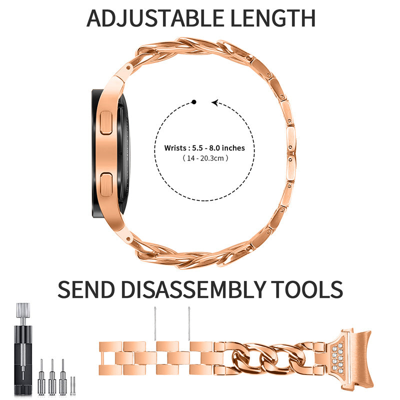 For Samsung Galaxy Watch 5 / 4 Active 44mm / 40mm / Watch 5 Pro 45mm Metal Watch Strap Rhinestone Decor Wrist Band with Adapter Connector - Rose Gold
