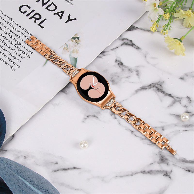 For Samsung Galaxy Watch 5 / 4 Active 44mm / 40mm / Watch 5 Pro 45mm Metal Watch Strap Rhinestone Decor Wrist Band with Adapter Connector - Rose Gold