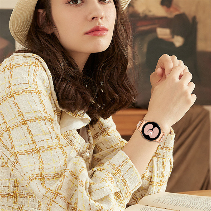 For Samsung Galaxy Watch 5 / 4 Active 44mm / 40mm / Watch 5 Pro 45mm Metal Watch Strap Rhinestone Decor Wrist Band with Adapter Connector - Rose Gold