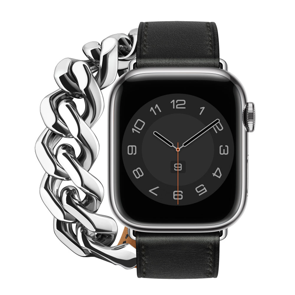 for Apple Watch Ultra 49mm / Series 7 / 8 45mm / SE / SE (2022) / 6 / 5 / 4 44mm 3 / 2 / 1 42mm Genuine Leather + Stainless Steel Watch Band Smart Watch Strap Replacement Part