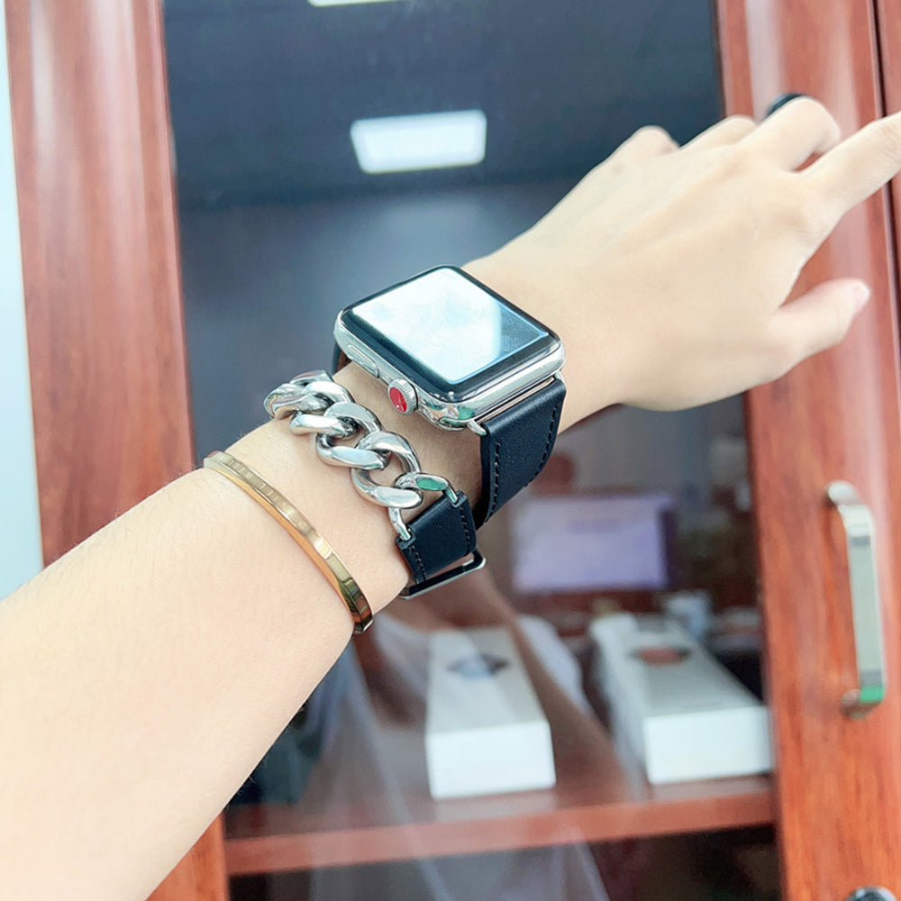 for Apple Watch Ultra 49mm / Series 7 / 8 45mm / SE / SE (2022) / 6 / 5 / 4 44mm 3 / 2 / 1 42mm Genuine Leather + Stainless Steel Watch Band Smart Watch Strap Replacement Part