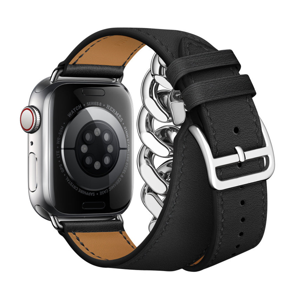 for Apple Watch Series 7 / 8 41mm / SE / SE (2022) / 6 / 5 / 4 40mm 3 / 2 / 1 38mm Genuine Leather + Stainless Steel Watch Strap Smart Watch Band Replacement Part