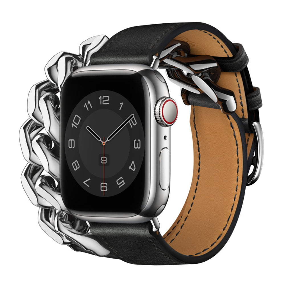 for Apple Watch Series 7 / 8 41mm / SE / SE (2022) / 6 / 5 / 4 40mm 3 / 2 / 1 38mm Genuine Leather + Stainless Steel Watch Strap Smart Watch Band Replacement Part