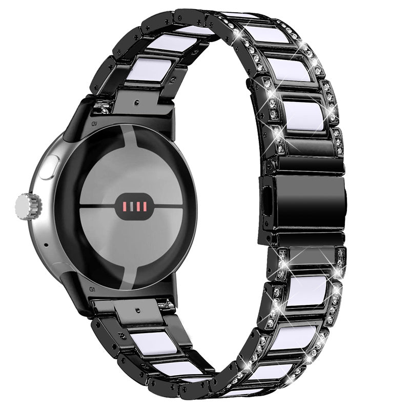 For Google Pixel Watch Stainless Steel Resin Strap Bracelet Rhinestone Decor Replacement Wristband - Black / White