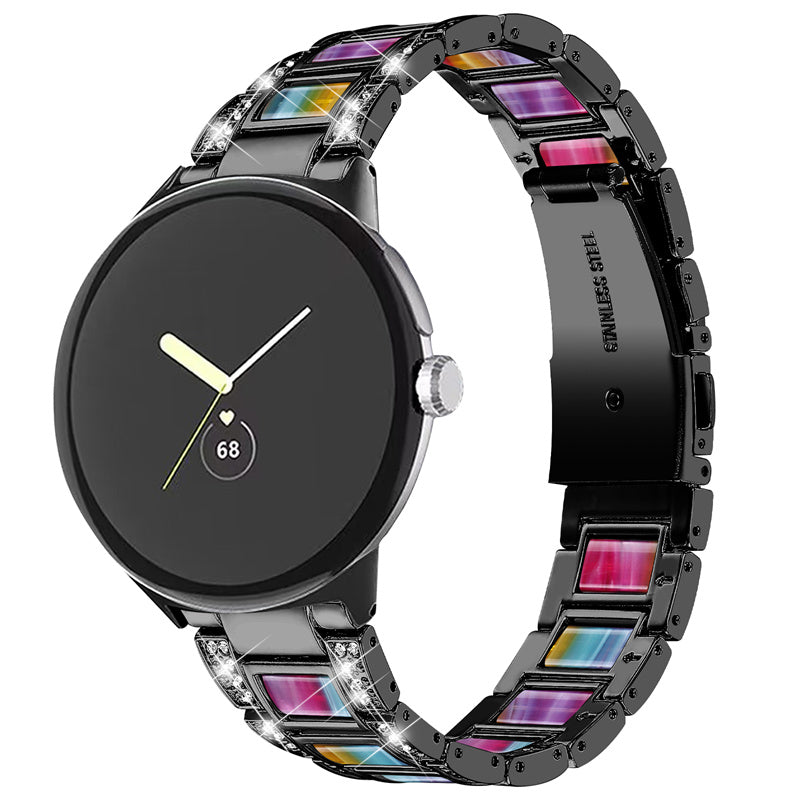 For Google Pixel Watch Stainless Steel Resin Strap Bracelet Rhinestone Decor Replacement Wristband - Black / Rainbow