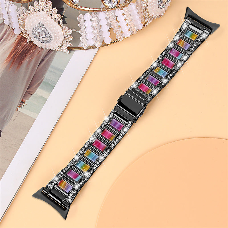 For Google Pixel Watch Stainless Steel Resin Strap Bracelet Rhinestone Decor Replacement Wristband - Black / Rainbow