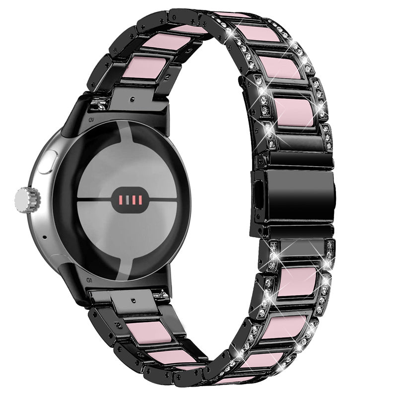 For Google Pixel Watch Stainless Steel Resin Strap Bracelet Rhinestone Decor Replacement Wristband - Black / Pink