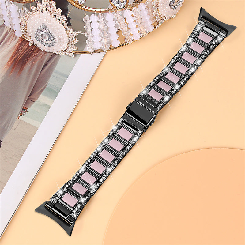For Google Pixel Watch Stainless Steel Resin Strap Bracelet Rhinestone Decor Replacement Wristband - Black / Pink